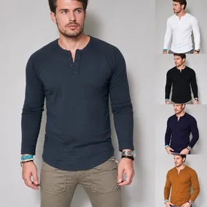 Men Slim Fit Long Sleeve Henley T-Shirt Polyester Solid Color Button Neck Casual Base Layer Top Raglan Sleeve Curved Hem