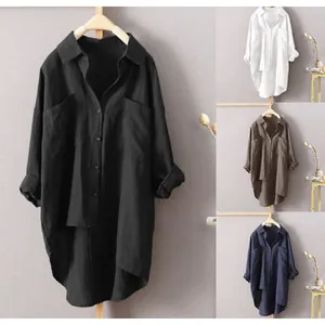Chemise décontractée pour femme en coton et lin avec poches, en plusieurs couleurs.