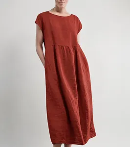 Detail of loose sleeveless cotton linen dress in rust red with side pockets.