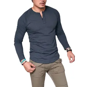 Slim fit men's long-sleeve cotton Henley T-shirt in dark grey casual style for everyday wear