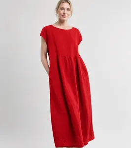 Detail view of red sleeveless cotton linen maxi dress with side pockets