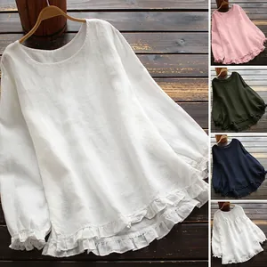 Blusa de Algodón para Mujer Cuello Redondo Manga Larga Casual Suelta Con Dobladillo de Volantes Top Artístico Retro Color Sólido