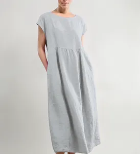 Detail view of a loose-fitting light blue sleeveless cotton linen midi dress with pockets