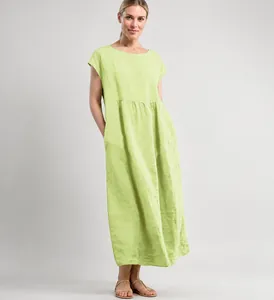 Loose-fit lime green sleeveless maxi dress made of breathable cotton linen fabric with pockets