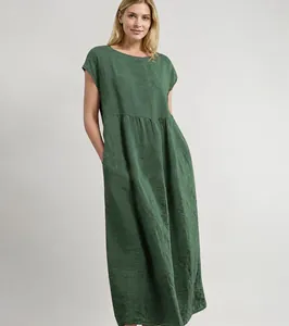 Detailed view of dark green sleeveless loose cotton linen maxi dress with pockets