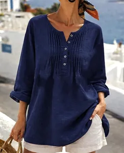 Ναυτικό μπλε πλισέ βαμβακερό λινό μακρυμάνικο πουκάμισο