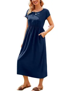 Casual navy blue short sleeve crew neck maxi dress with elastic waist and side pockets