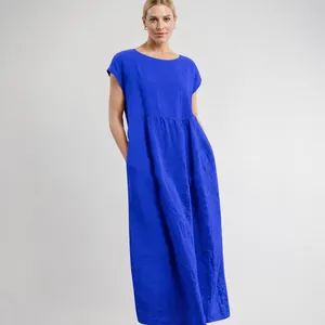 Elegant solid color sleeveless loose cotton linen maxi dress with side pockets