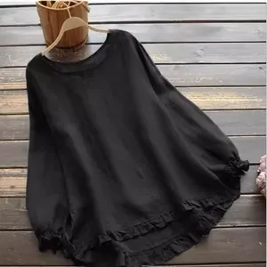 Elegante blusa holgada de algodón lino de manga larga con volantes en dobladillo y cuello