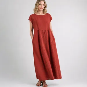Casual loose fit sleeveless cotton linen maxi dress with pockets in burnt orange