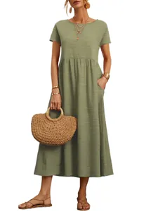 Casual olive green short-sleeve maxi dress for women featuring pockets and elastic waist