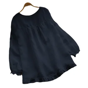 Elegante blusa holgada de algodón y lino azul marino con dobladillo de volantes mujer