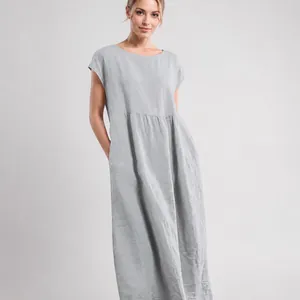 Minimalist sleeveless loose cotton linen maxi dress with pockets in light grey