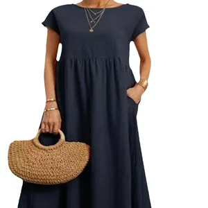 Casual dark blue loose cotton linen sleeveless dress with functional pockets for women