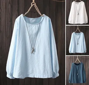 Diferentes colores de blusas casuales de algodón y lino de manga larga para mujer