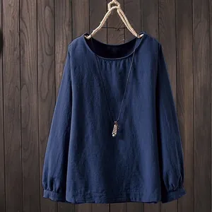 Blusa casual de algodón y lino azul marino de manga larga para mujer estilo boho