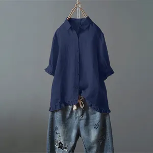 Damen Hemdbluse aus Baumwolle und Leinen in Marineblau mit Rüschensaum