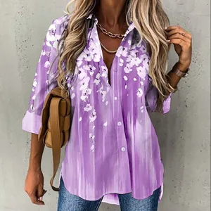 Elegant purple floral print long-sleeved shirt for women featuring a classic lapel collar