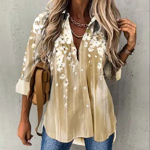 Elegant women's long sleeve floral print shirt with khaki base and white flower design