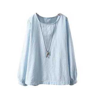Cómoda blusa de manga larga de algodón y lino azul claro con cuello redondo mujer