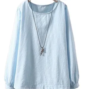 Blusa informal de manga larga de algodón y lino azul claro para mujer cuello