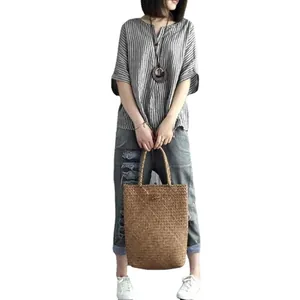 Gestreiftes Damen-Baumwolltop im Casual-Stil mit Fledermausärmeln und schickem V-Ausschnitt