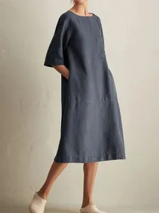 Detailed view of women's navy blue cotton linen dress with round neck and pockets