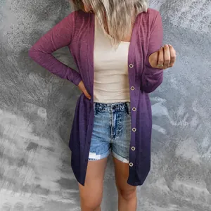Gilet long pour femme à dégradé violet avec manches longues et boutons devant