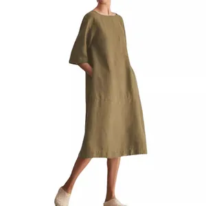 Plus size women's casual round neck olive green cotton linen midi dress with pockets