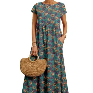 Vestido de verano informal para mujer de algodón y lino con flores y bolso de paja