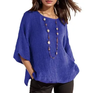 Vintage blauwe katoenen linnen blouse met 3/4 mouwen en ronde hals elegante top