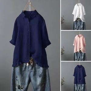 Damen Casual Baumwollmischung Bluse Rüschen Kurzarm Hemd Einreihig Hemdkragen Oberteil Für Frauen Büro Alltag