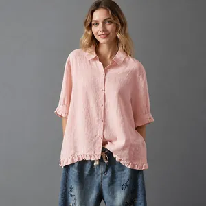 Lässige rosa Baumwoll-Leinen-Bluse mit Rüschensaum und kurzen Ärmeln für den Sommer