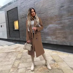 Elegant women's camel double-breasted long woolen coat featuring a classic lapel collar