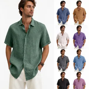 Camicia da Uomo Casual in Misto Cotone Estate Scollo a V Manica Corta Abbottonata Vestibilità Larga Tinta Unita Moda Urbana