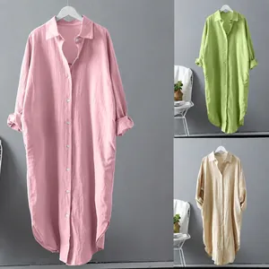 Women's Oversized Mid-Length Cotton Acetate Shirt Button Down Long Sleeve Casual Solid Color Blouse With Pockets Top