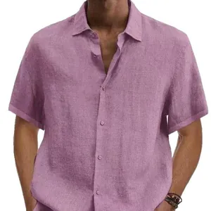 Camicia casual da uomo in lino viola a maniche corte con colletto botton-down.