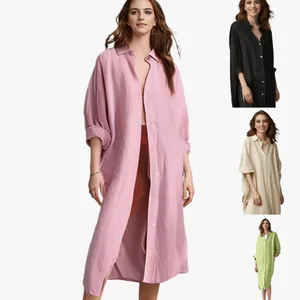 Women's loose cotton linen mid-length shirt dress in solid pink, black, beige, and green.