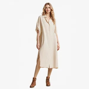 Elegant loose cotton linen long shirt dress in beige for women's fashionable casual outfit