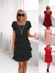 Women Elegant Solid Color Tiered Midi Dress Summer Short Sleeve Round Neck Loose Cake Layer Dress For Banquet Party Casual Daily