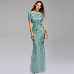 Elegantes mintgrünes Pailletten-Meerjungfrau-Abendkleid mit Netzärmeln in voller Länge