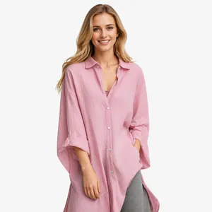 Women's loose pink cotton linen button-down shirt with pockets and long sleeves