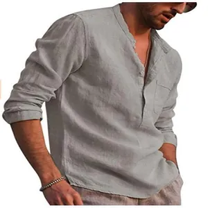 Detail view of a men's long-sleeved casual linen shirt with a V-neck and front chest pocket.