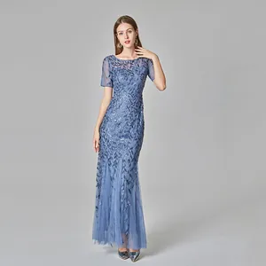 Elegant blaues Pailletten-Abendkleid mit Meerjungfrau-Schnitt und kurzen Ärmeln