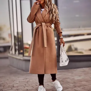 Elegant camel wool coat for women featuring a V-neck and stylish waist tie belt.