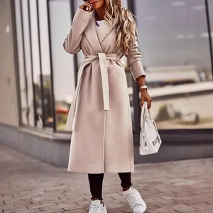 Elegant beige long-sleeved belted wool coat for women, perfect for autumn and winter style