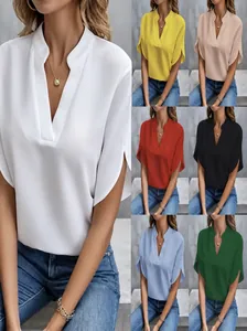 Women's Summer Casual V-Neck Short Sleeve Polyester Blouse Elegant Solid Color Loose Top With Split Sleeve Commuting Shirt