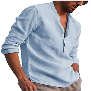 Detail view of a men's light blue long-sleeved linen casual shirt with a chest pocket