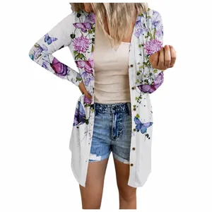 Gilet mi-long chic pour femme grande taille avec imprimés fleurs et papillons