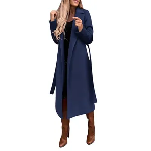 Eleganter dunkelblauer Wollmantel für Damen mit stilvollem Revers und Taillengürtel